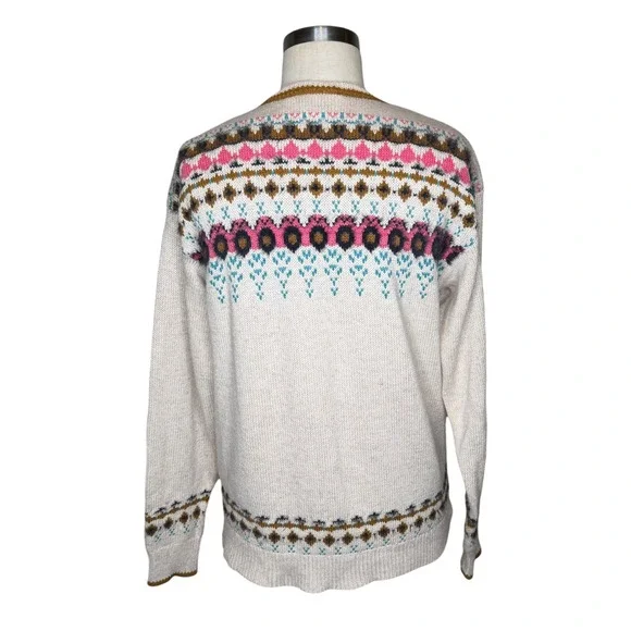 SUNDANCE Innis Fair Isle Henley Sweater Women's Size Small Cream Wool Blend Boho - Picture 3 of 7